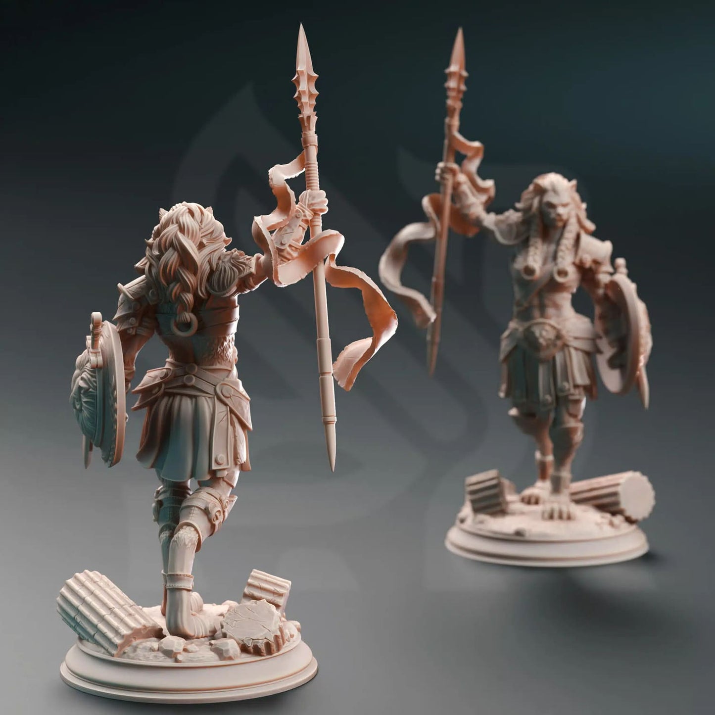 Two Lioness Gladiator miniatures seen primarily from behind