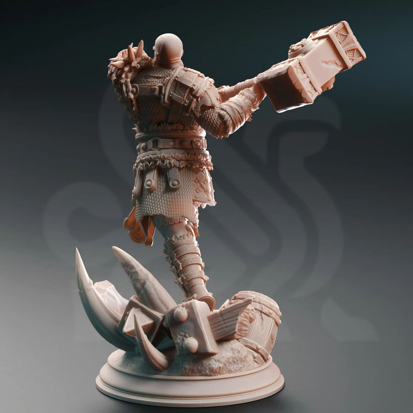 Human giant barbarian miniature swinging a warhammer as seen from behind