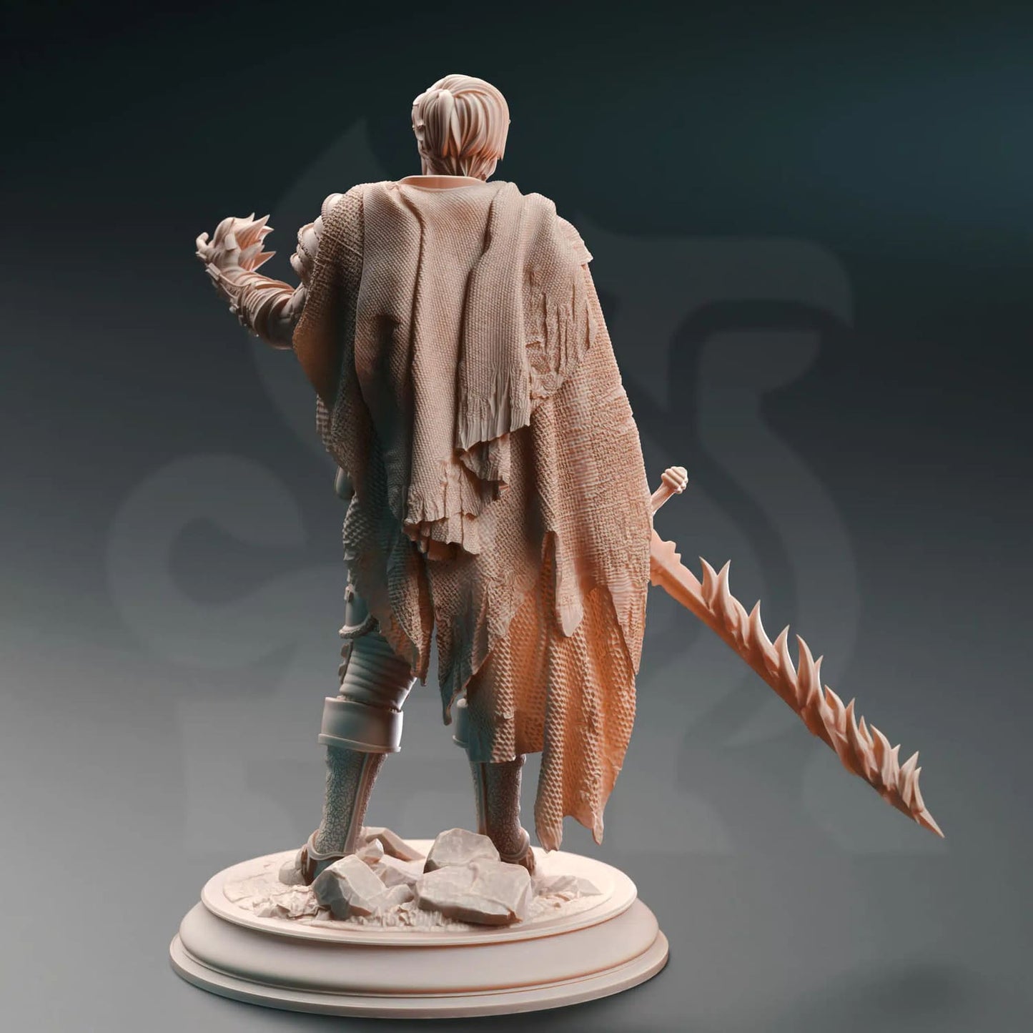 Human spellsword miniature holding a flaming sword as seen from behind