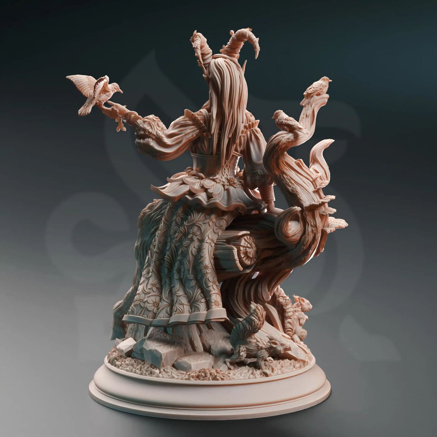Mother of the Fey miniature surrounded by animals as seen from the back