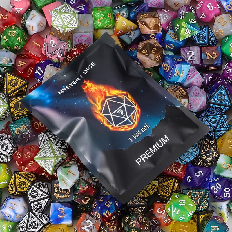 Mystery DnD Dice Pack – 7 Rollspelstärningar & Sammetspåse