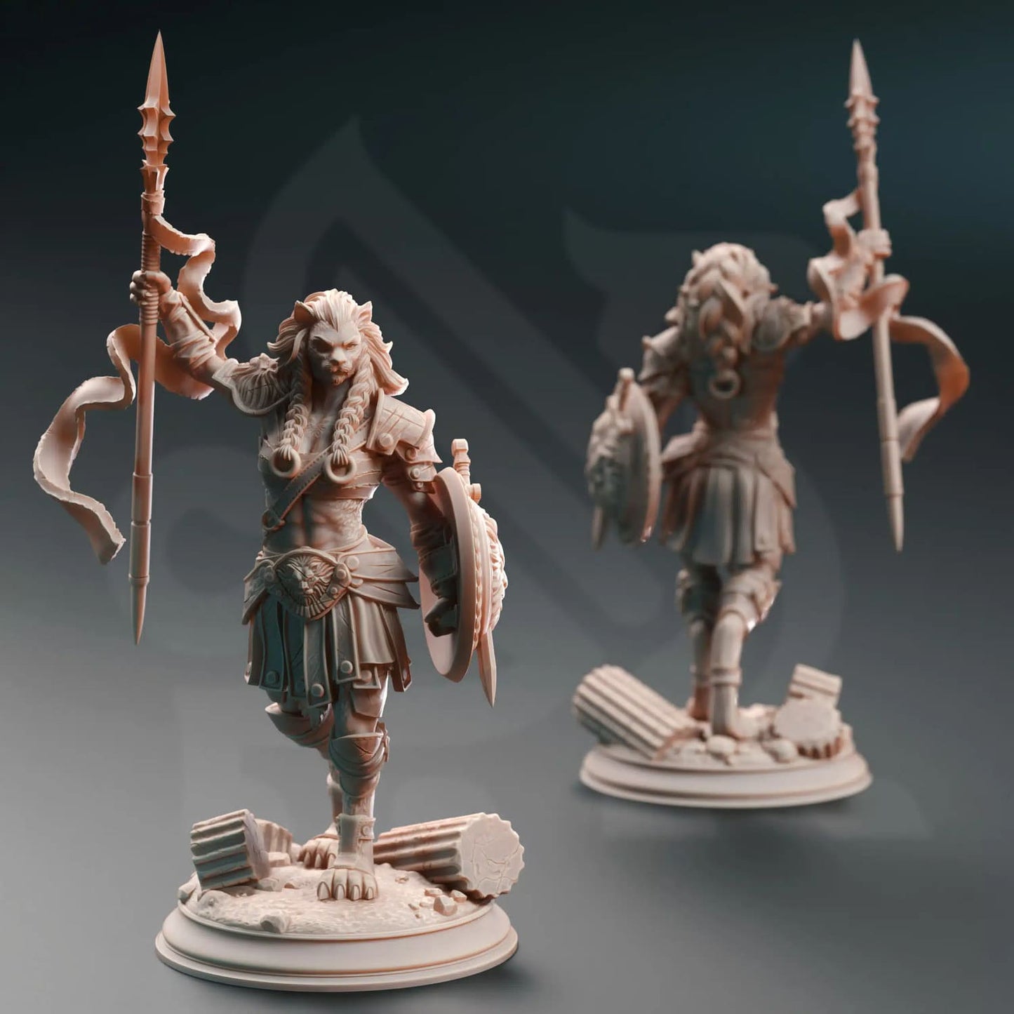 Two Lioness Gladiator miniatures seen from the front and behind