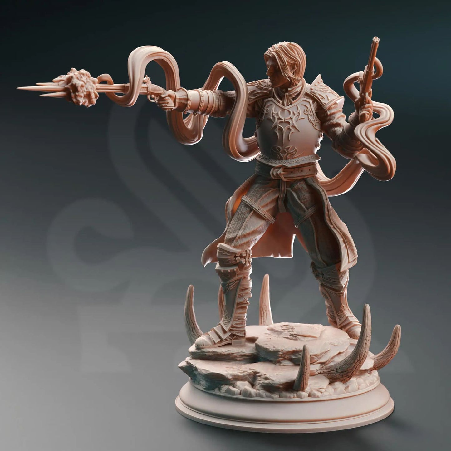 Human magic marksman miniature in shooting pose seen from the front