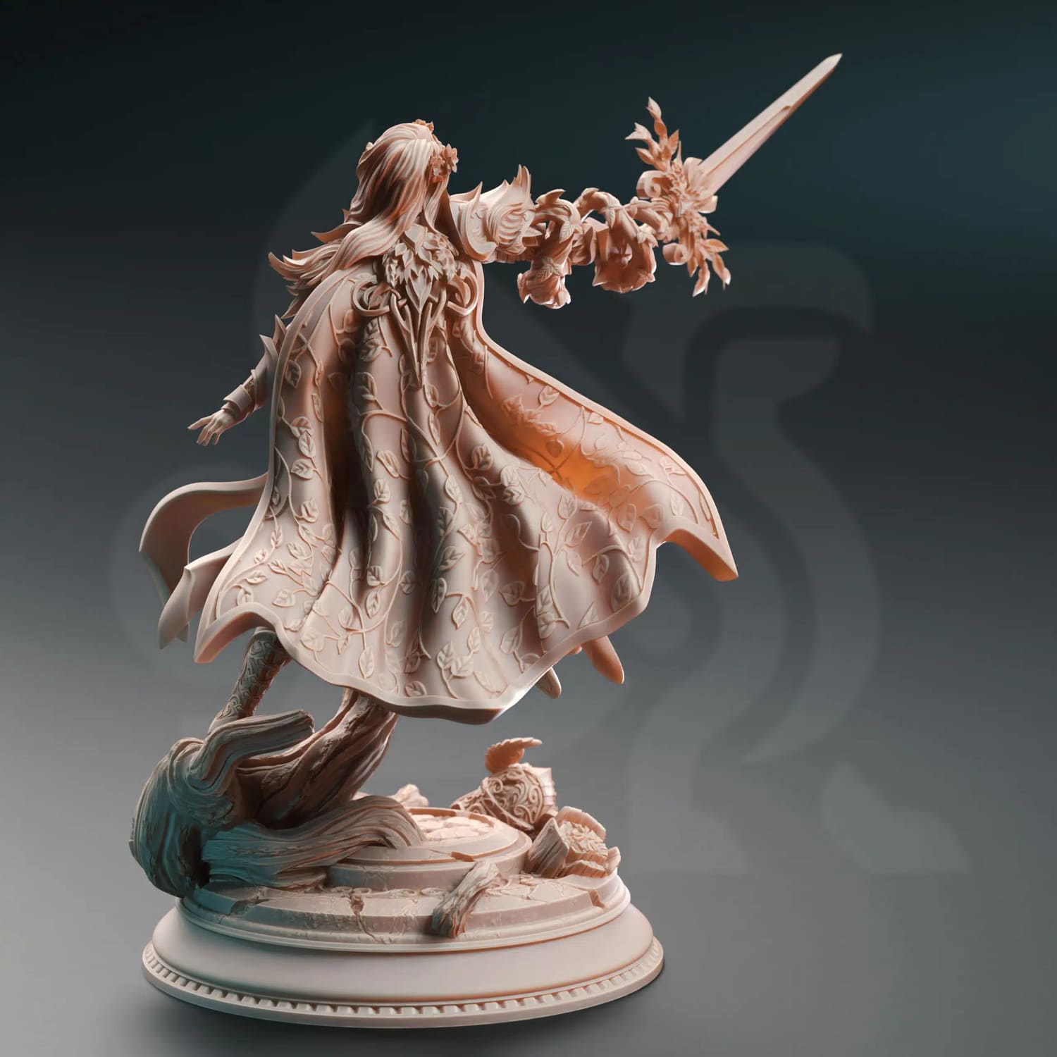 Fey Elf Paladin miniature with sword drawn seen from the back