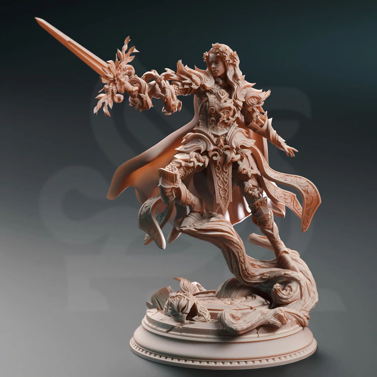 Fey Elf Paladin miniature with sword drawn seen from the front