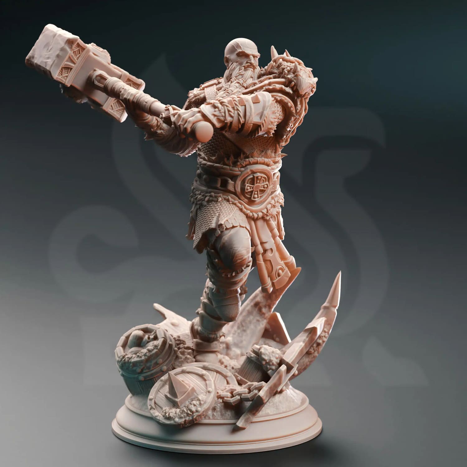 Human giant barbarian miniature swinging a warhammer