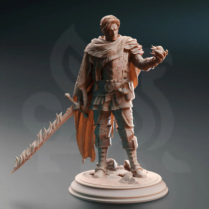 Human spellsword miniature holding a flaming sword