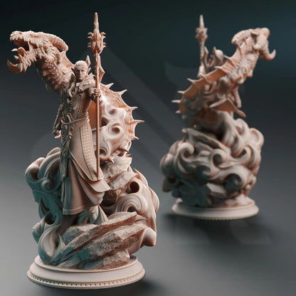 High elf chaos sorcerer miniature with a summoned dragon