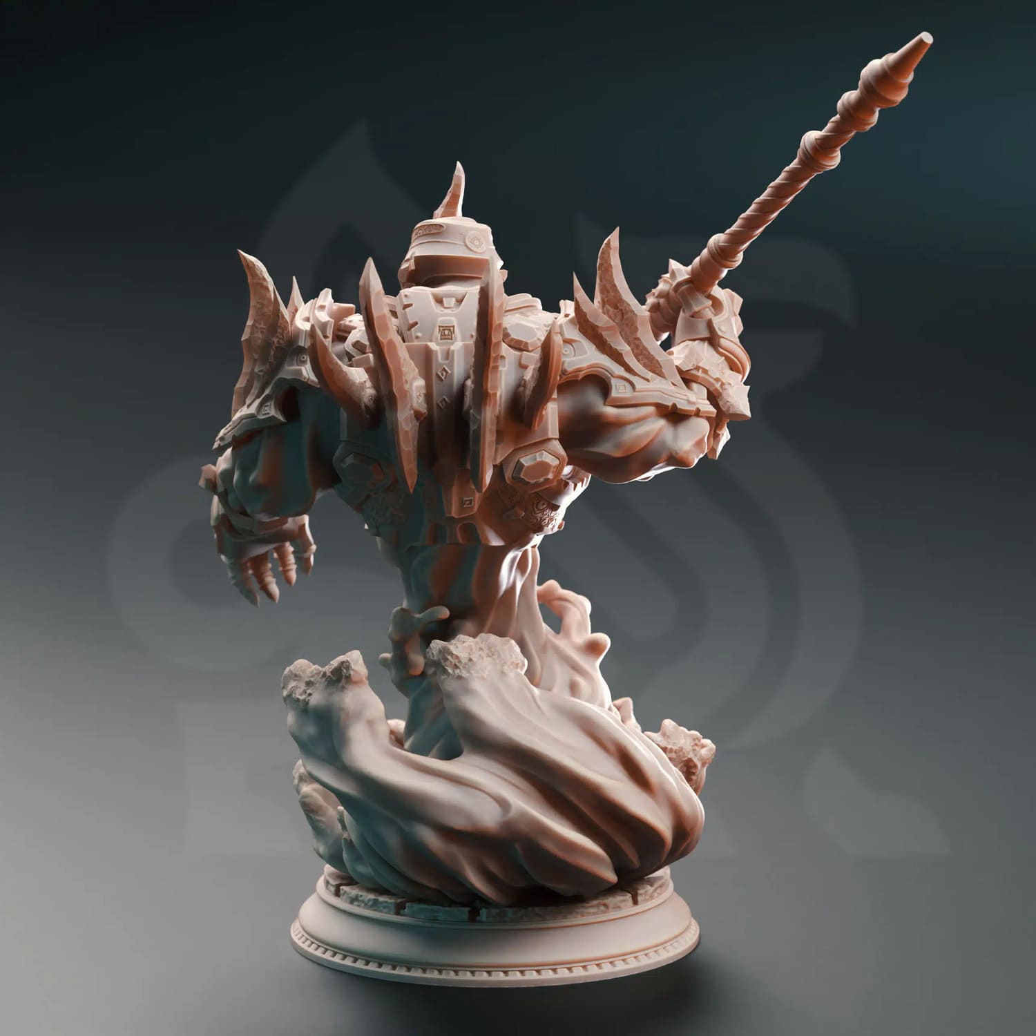 Elemental myrmidon miniature holding a spear seen from behind