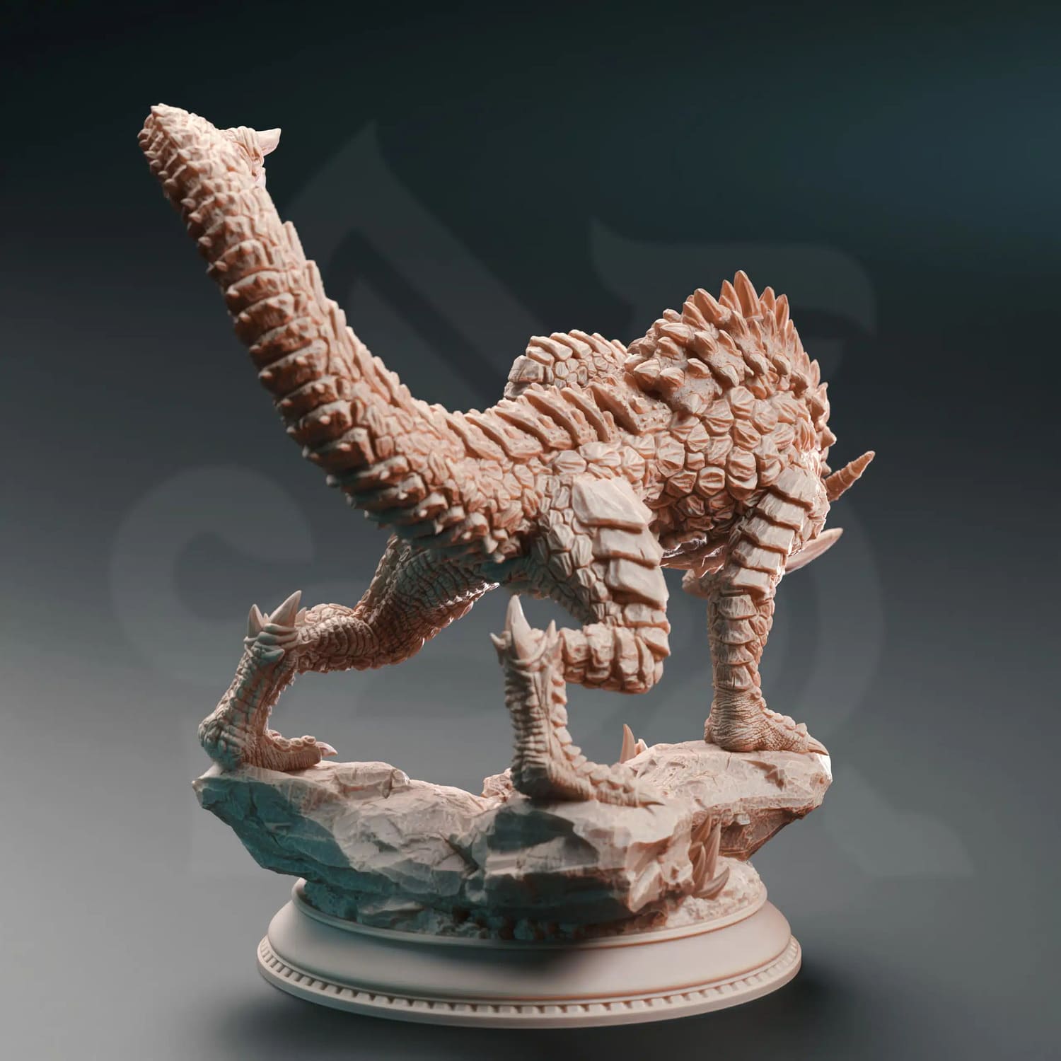 A horn drake miniature seen from the back