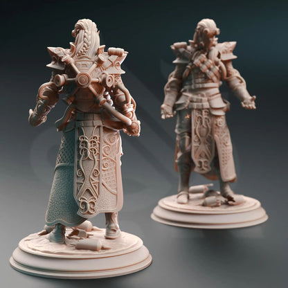 Two high elf chaos artificer miniatures with focus on back view