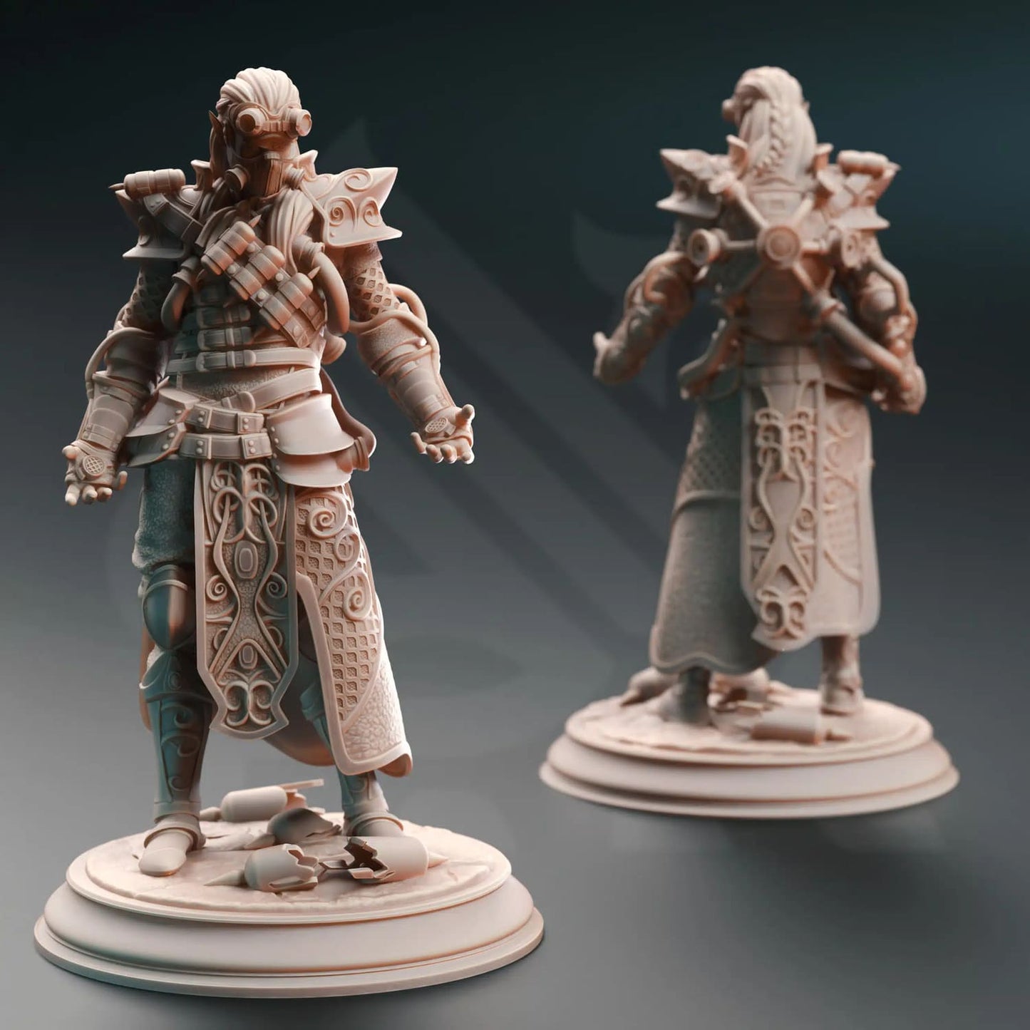 Two high elf chaos artificer miniatures with focus on front view