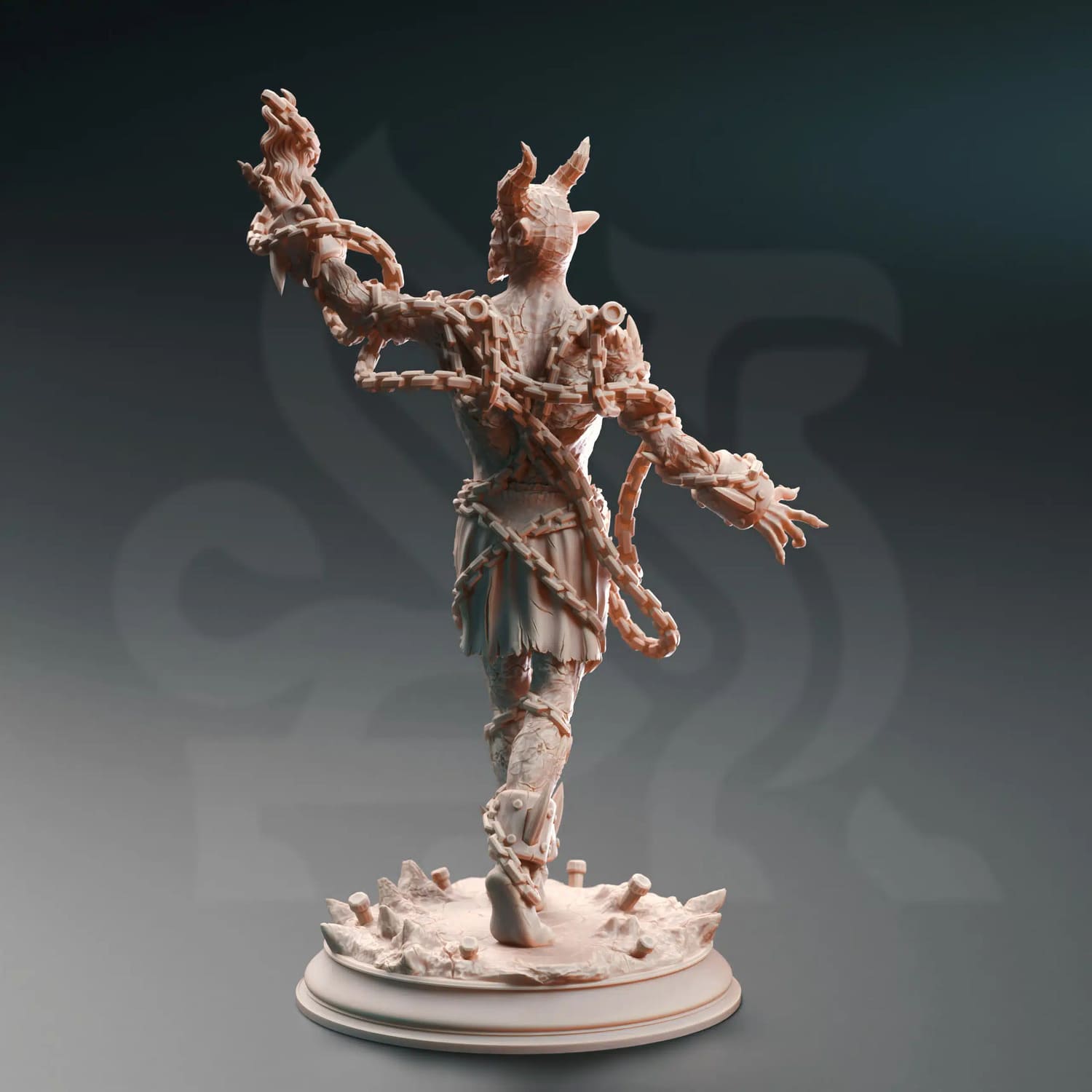 Nosmeni Chain Devil miniature holding a fireball as seen from behind