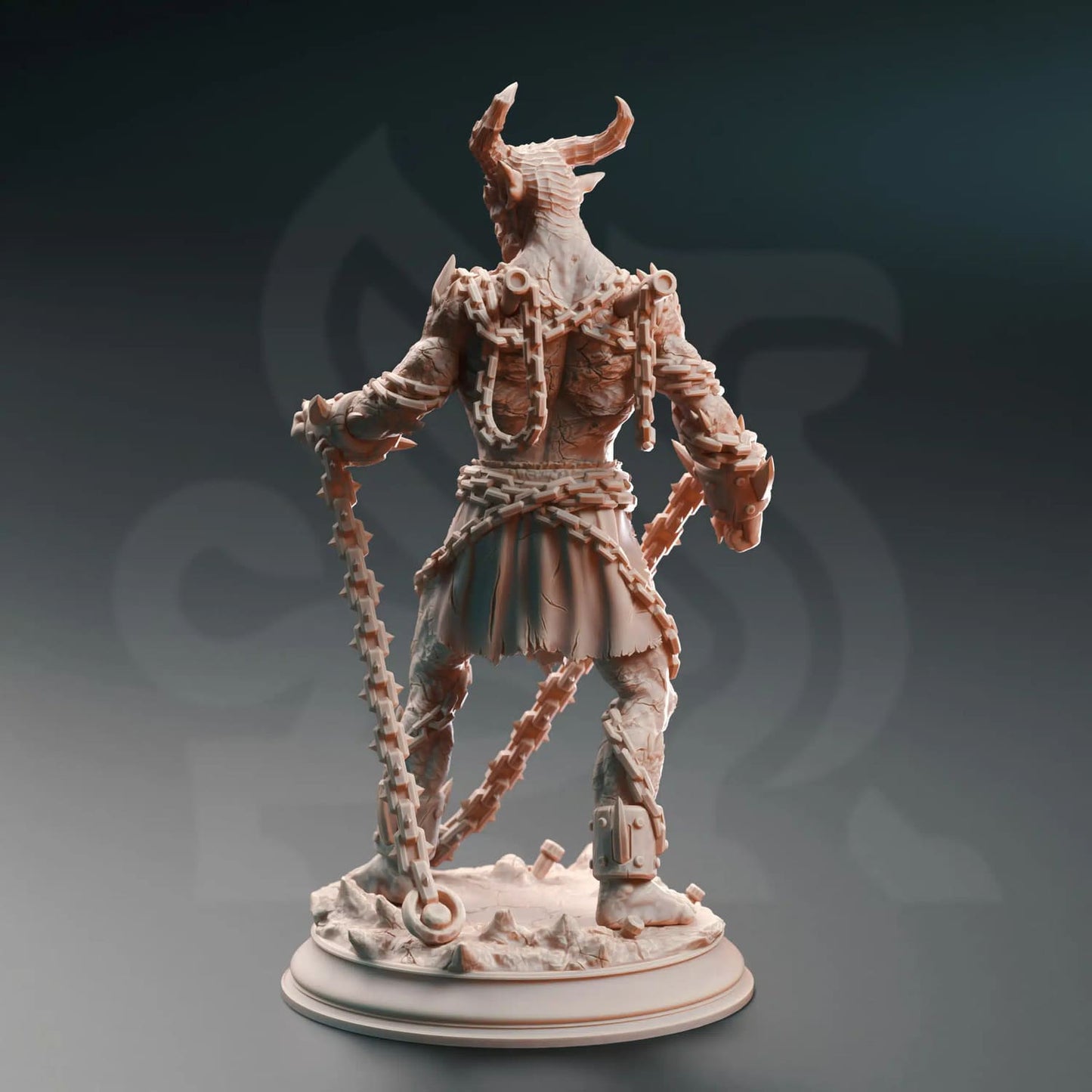 Nosmeni Chain Devil miniature with his hands chained as seen from behind