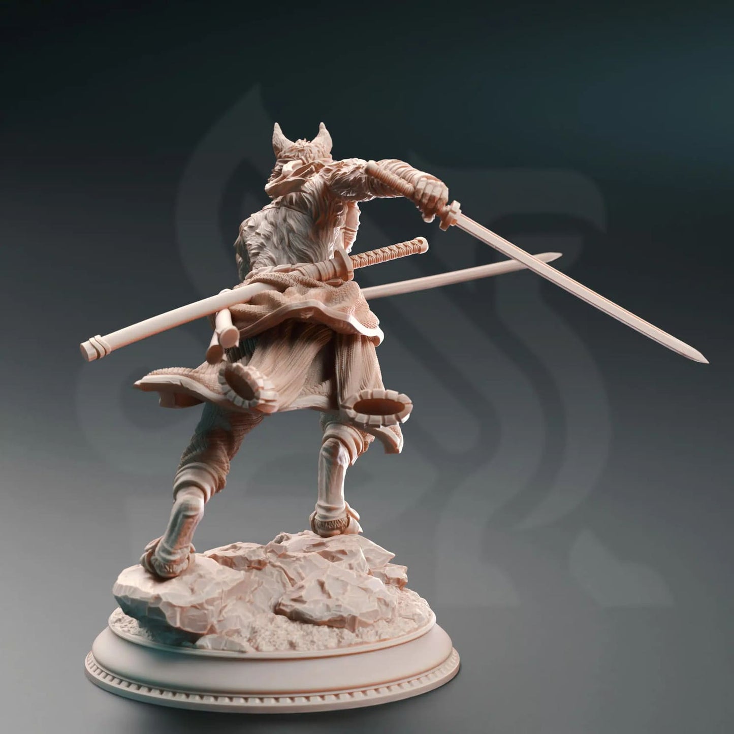 Tabaxi samurai swordmaster miniature holding two swords as seen from behind