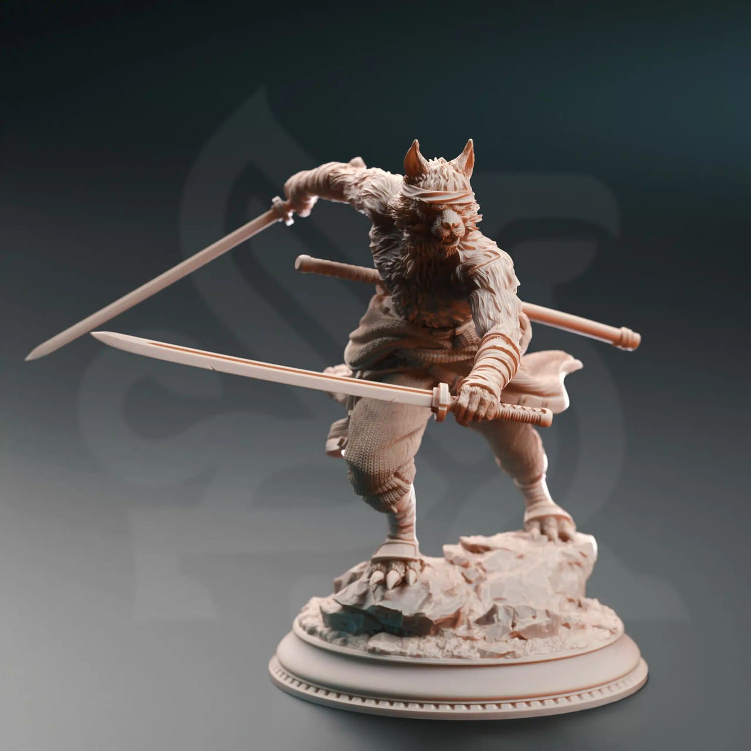 Tabaxi samurai swordmaster miniature holding two swords