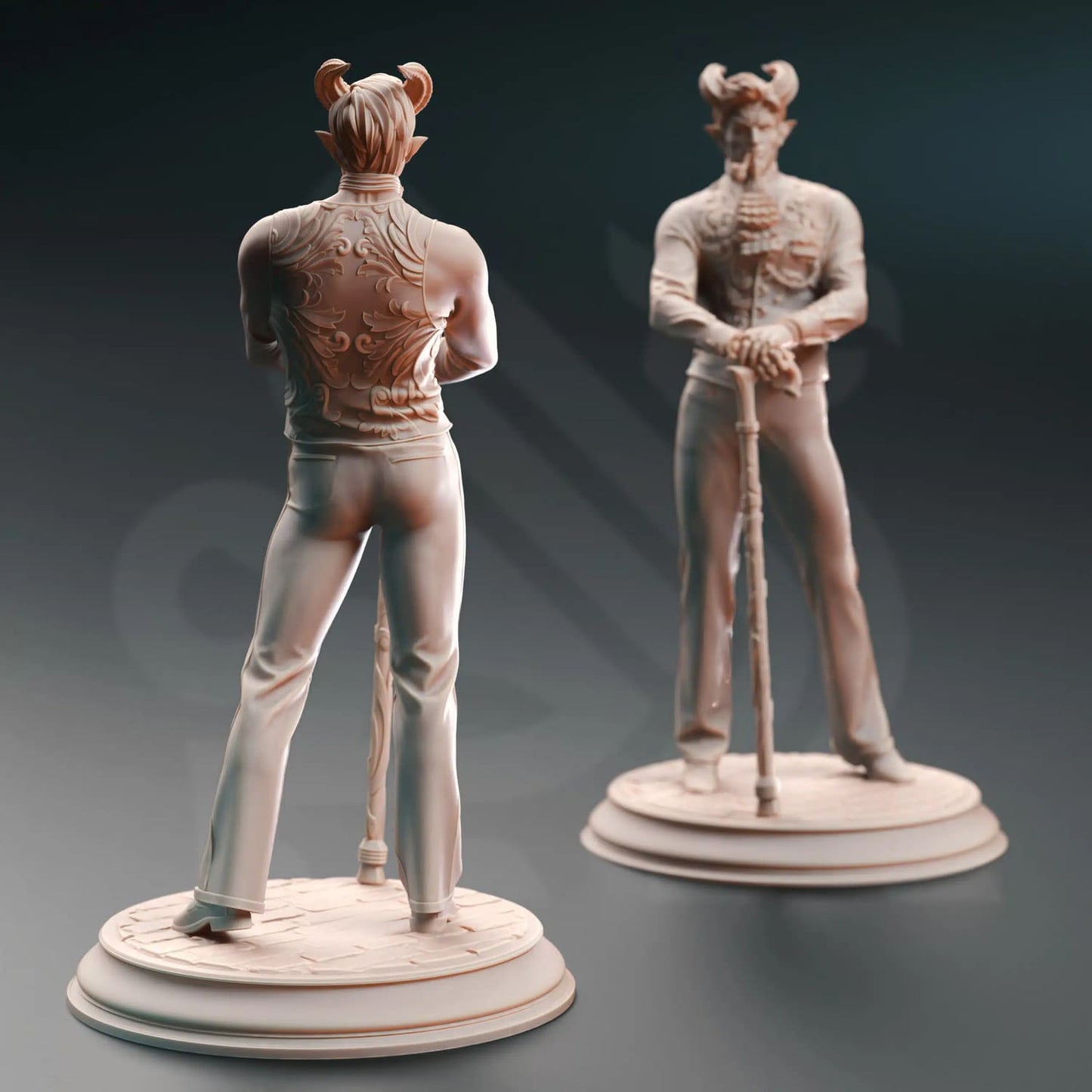 A tiefling rogue miniature primarily seen from the back